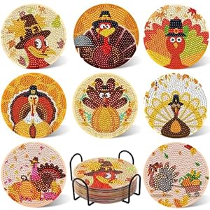 UPINS 8Pcs Fall Thanksgiving Diamond Art Painting Art Coasters with Holder Diamond Turkey Art Kits for Adults Kids Beginners Diamond Craft Supplies UPINS 8Pcs Fall Thanksgiving Diamond Art Painting Art Coasters with Holder Diamond Turkey Art Kits for Adults Kids Beginners Diamond Craft Supplies