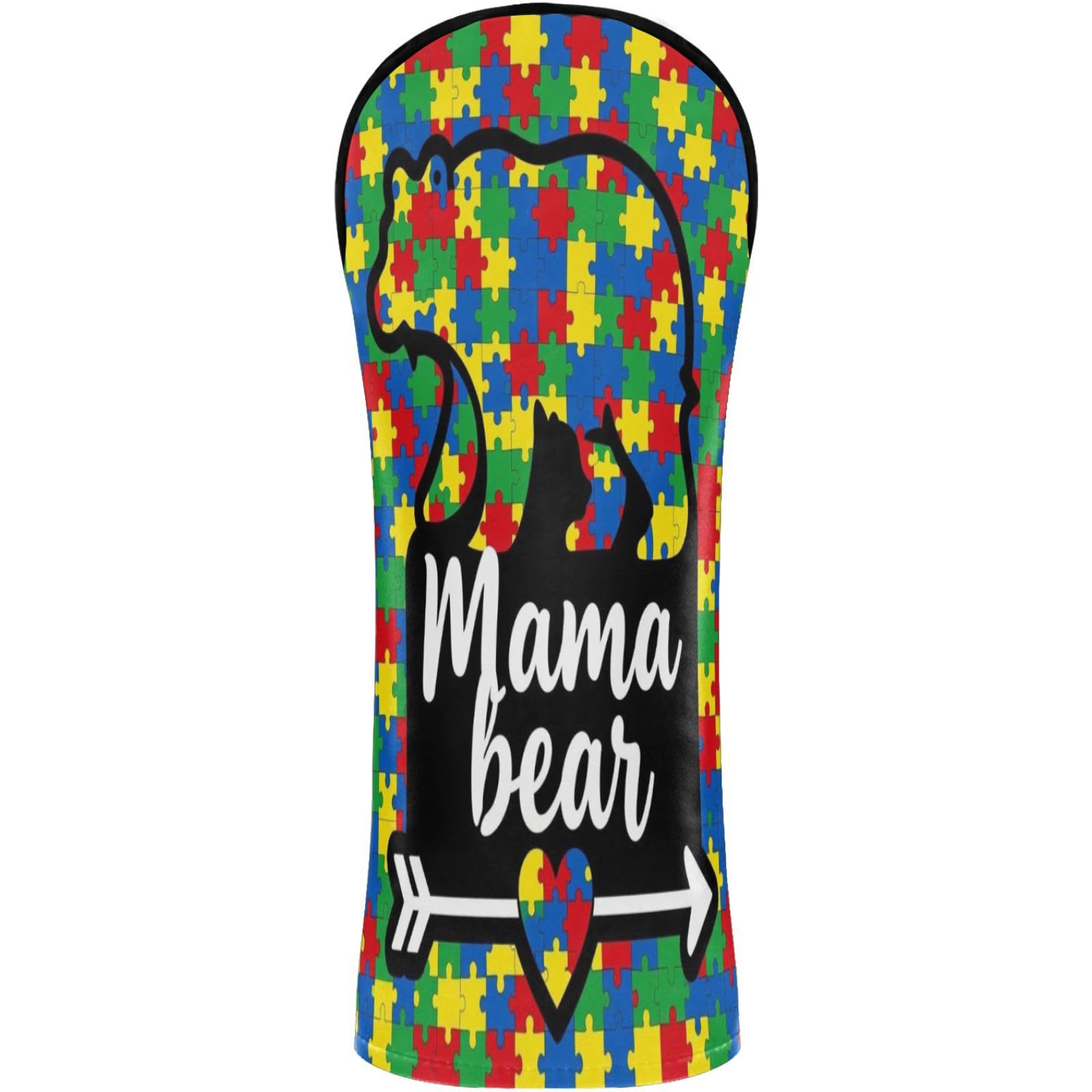 Golf Club Head Cover Headcover with Interchangeable No. Tags for Woods and Driver Fairway Hybrid Mama Bear Mom Puzzle Autism Awareness