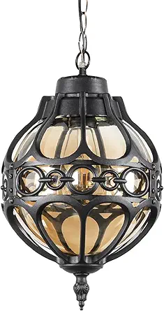 Globe Outdoor Pendant Lights for Porch Patio Garage, Matte Black Aluminum Anti-Rust Hanging Light Fixture, Industrial Round Amber Glass Exterior Chandelier, Outside Pendant Lamp Lantern