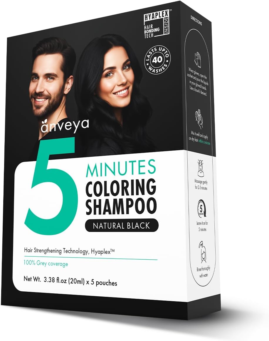 Anveya 3-in-1 Hair Dye Shampoo | Natural Black Hair Color | 5 Min 3-in-1 Color Shampoo: Washes, colors, conditions. Hyaluronic Acid + Pea Protein, soft & strong hair No mess, No Stain