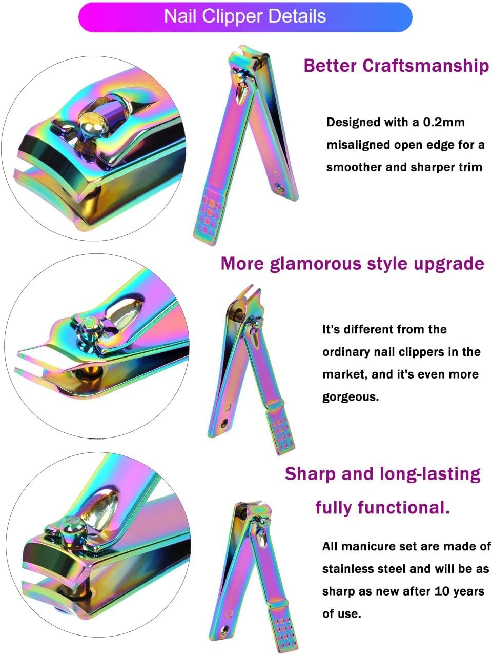 MEI DE MODA Manicure Set Nail Clippers Set Pedicure 18 Pieces Stainless Steel Manicure Kit Professional Grooming Care Tools Nose Hair Scissors Nail File.The Best Gift with Luxurious Case (Rainbow_18) 4