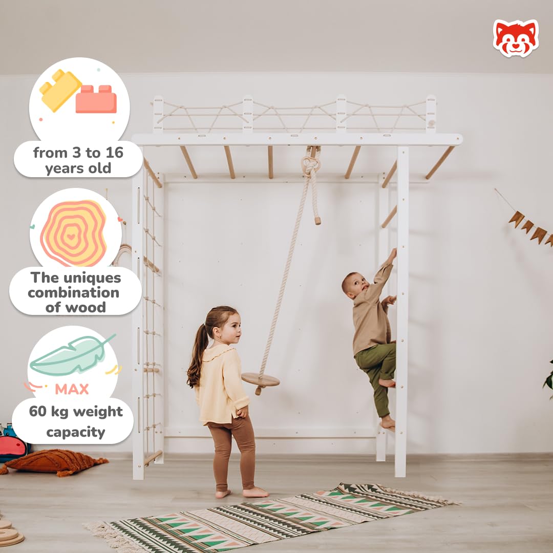 Woodandhearts Giant Bridge Swedish Ladder Indoor Playground, Montessori Climbing Set, Indoor Jungle Gym for Toddlers (Single Rope Swing with Round Seat)