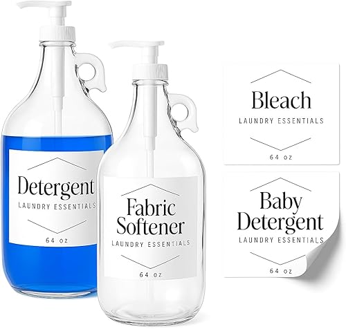 Botella dispensadora de vidrio de medio galón para detergente, suavizante de tela y jabón con calcomanías impermeables, 64 onzas, kitchentoolz -