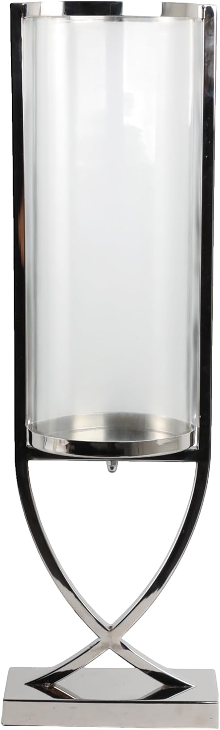 Contemporary Metal and Glass Hurricane Candle Holder - Decorative Pillar Candlestick Holder for Table Centerpiece - Elegant Home Decor Accents for Any Special Occasion Decoration - 27" Silver