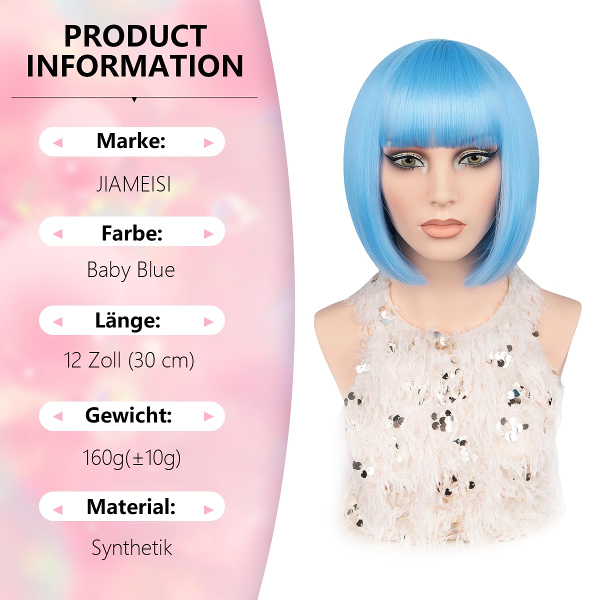 JIAMEISI Short Bob Wig 12" Straight Bob Wigs with Bangs Colourful Heat Resistant Synthetic Fiber Cosplay Christmas Halloween Wig for Women Girls Party Daily Use (Baby Blue) - Image 2