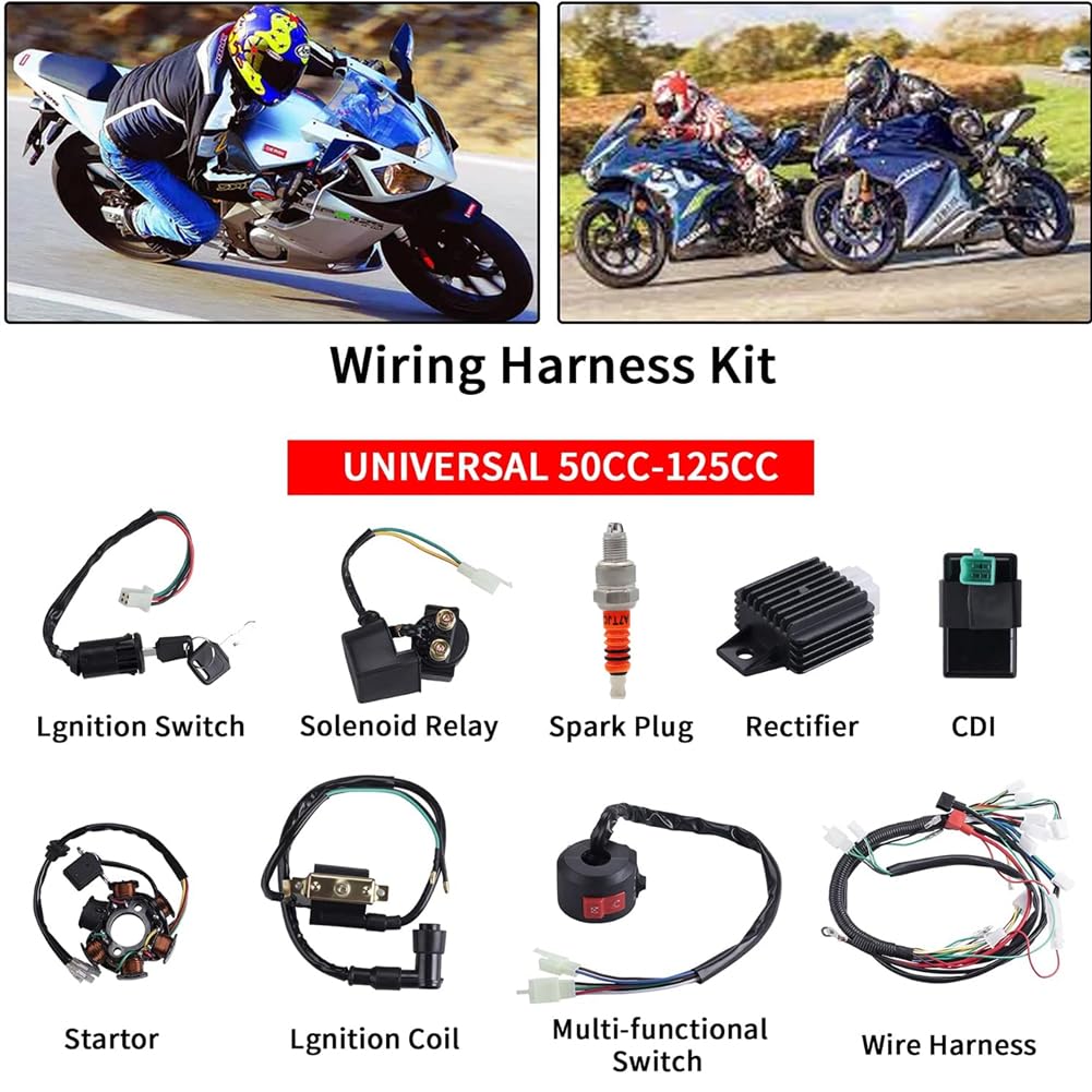 Complete Wiring Harness Kit Electrics Wiring Harness Stator Coil CDI Wiring Harness Solenoid Relay Spark Plug for 4 Wheelers Stroke ATV 50cc 70cc 110cc 125cc Go Kart Quad Dirt Buggy Bike Parts (black)