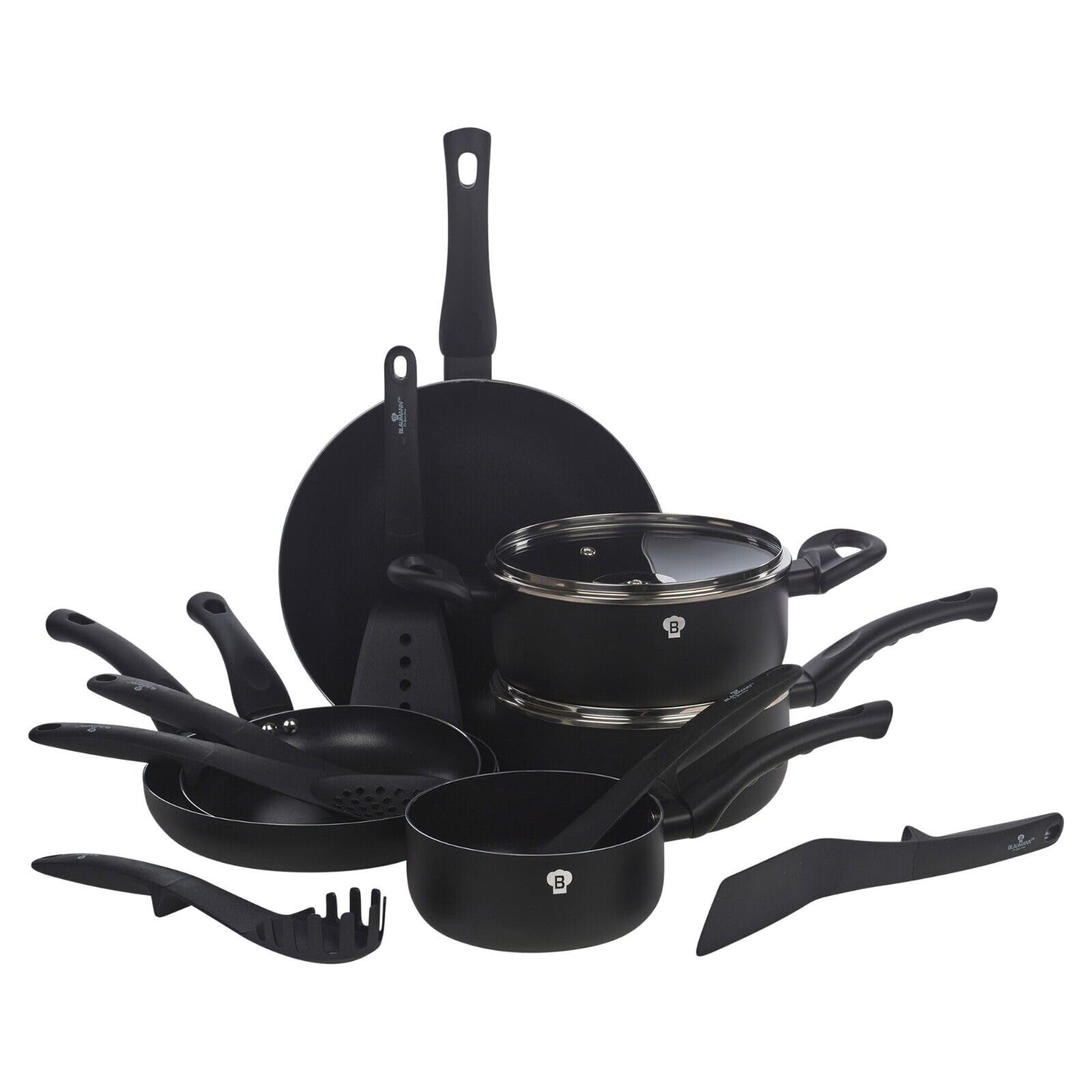 Blaumann8 Pcs Cookware Pots Pans Set with Soft Touch Handles & Kitchen Tool Set (Matt Black)
