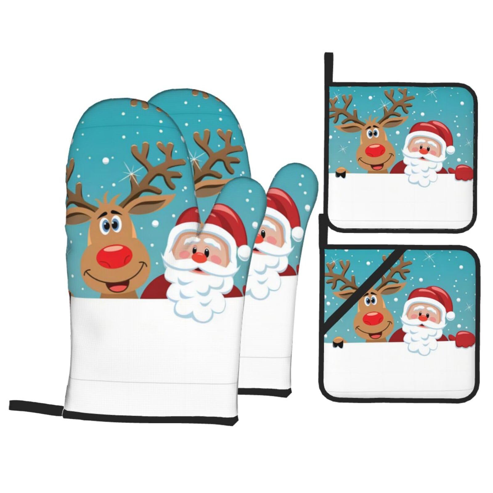 Sant Claus Deer Printed Baking 4-Piece Set, includes oven mitts and a heat-resistant mat, suitable for oven and BBQ use