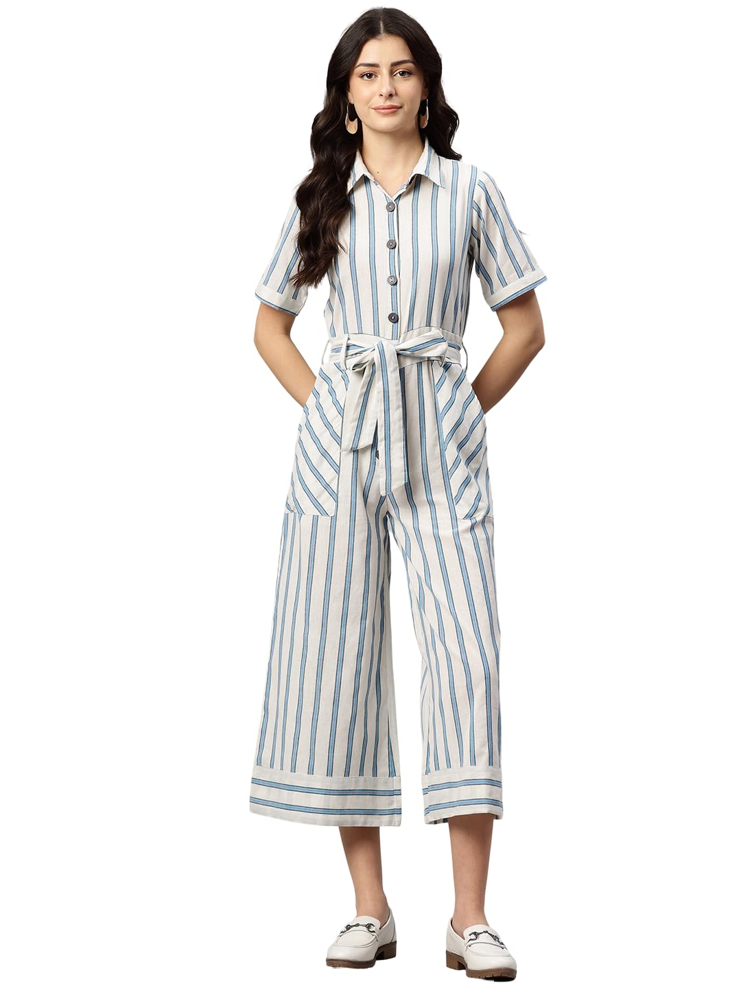 Off-White & Blue Striped Shirt Collar Cotton Jumpsuit-image-4