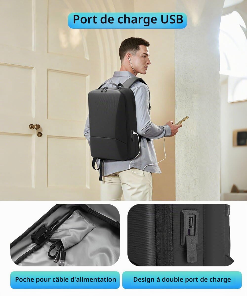 Sac à Dos pour Ordinateur Portable 15,6" pour Homme avec Port de Charge USB Étanche Professionnel Noir