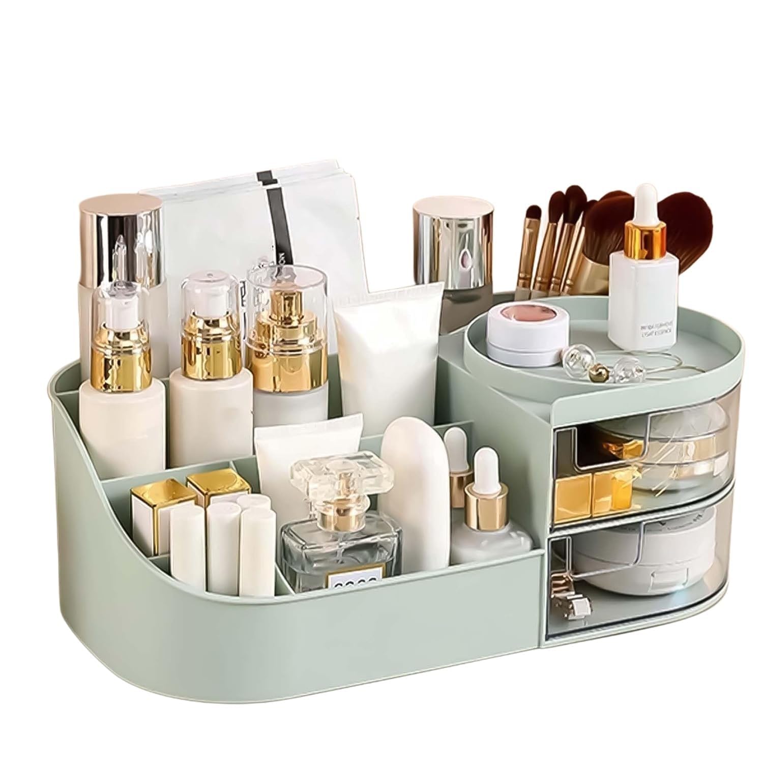 ZUKU MakeUp Organizer Stand Desk Storage Dressing Table Organiser Cosmetic Organizer Box Skin Care Table Bathroom Organiser Makeup Storage Box Makeup Vanity with Transparent Drawer(Green)-image-15