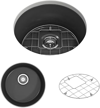 BOCCHI Sotto Round Dual-Mount Fireclay 18.5 in. Single Bowl Bar Sink with Protective Bottom Grid and Strainer in Matte Dark Gray