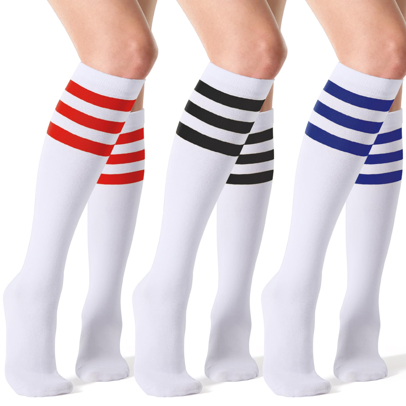 Joulli Women's Knee High Athletic Socks Stripe Tube Outdoor Sport Socks 1-3 Pairs