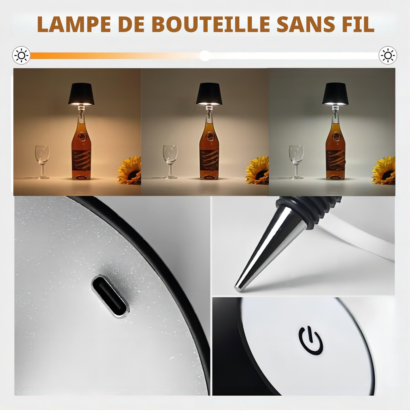 Lampe Sans Fil Pour Bouteille,lampes De Bouteille De Vin Rechargeables 3 Couleurs Pour Bars Et Restaurants Couleur Or Electroplaque 1 Piece 99315033