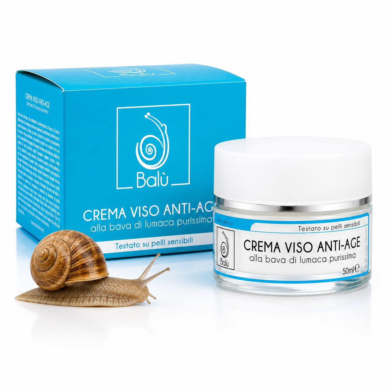 BALÙ Crema Viso Anti-Age alla Bava di Lumaca Purissima – Nutriente e Idratante per Pelle Secca e Matura, con Sodio Ialuronato, Avocado e Karité – Made in Italy, 50 ml