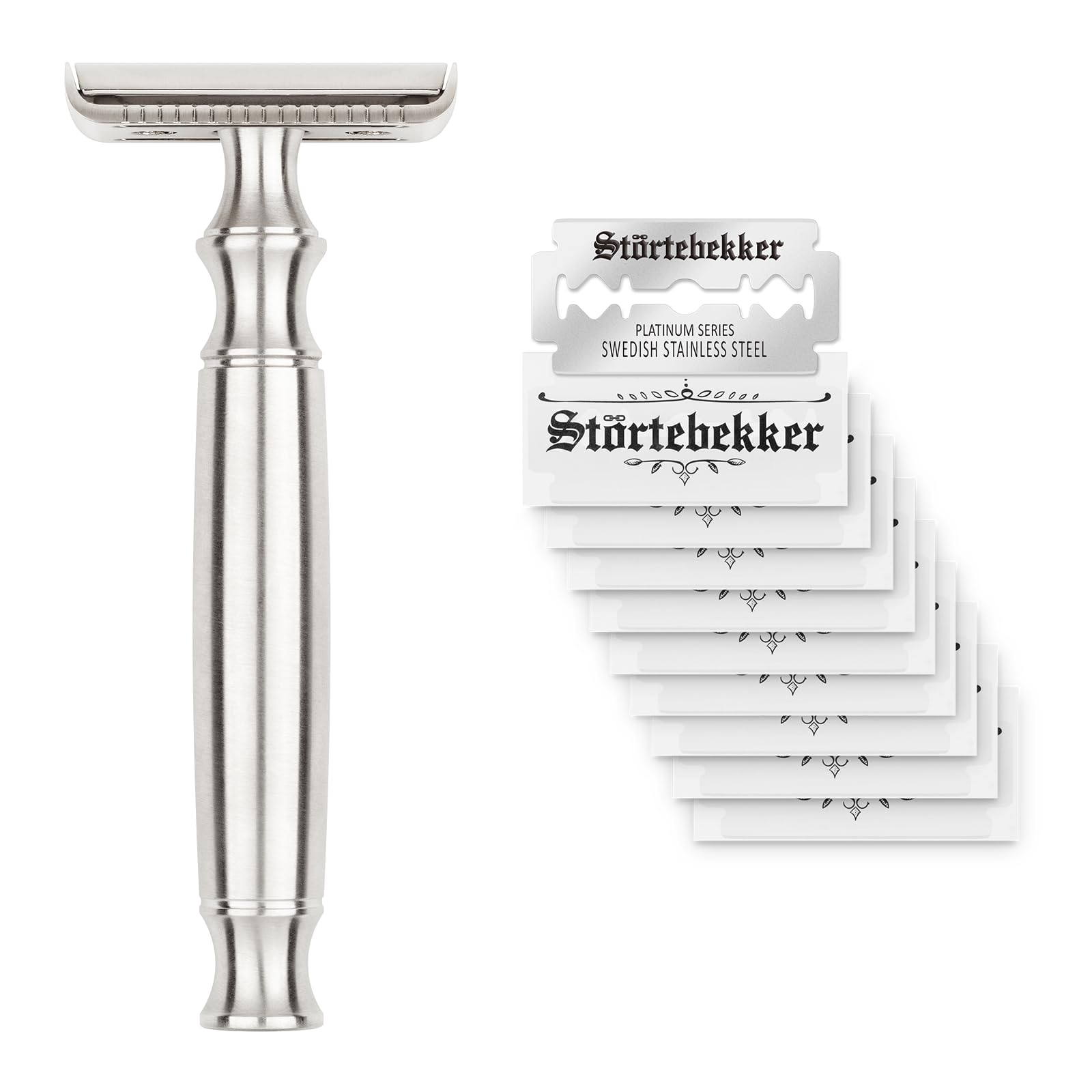 Störtebekker® - Rasoio di sicurezza da uomo Rostock, rasoio a umido di alta qualità, in acciaio inox, 163 g extra pesante per una migliore maneggevolezza, con 10 lame in acciaio inox