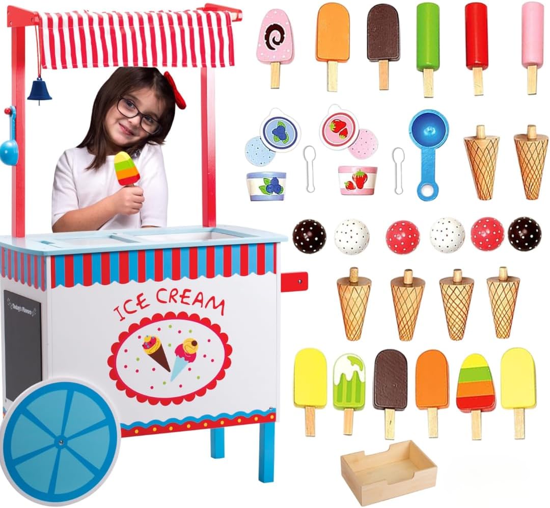 Ice Cream Cart Kids Pretend Play Stand- 33+ Pc Accessories, Realistic Premium Wooden Toy Activity Set with Money Box, Chalkboard & Icecream Truck- Popsicles, Cones Flavors- Girl Boy Indoor Game Center