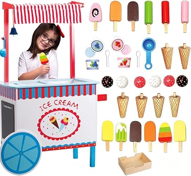 Ice Cream Cart Kids Pretend Play Stand- 33+ Pc Accessories, Realistic Premium Wooden Toy Activity Set with Money Box, Chalkboard & Icecream Truck- Popsicles, Cones Flavors- Girl Boy Indoor Game Center