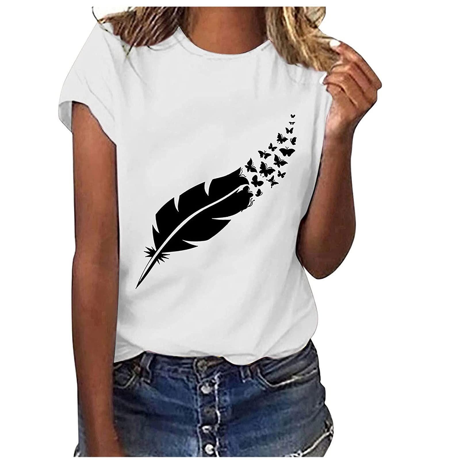 Summer Women Cute Tshirt Tops Trendy Casual Loose Fit Crewneck Tunic Tees Short Sleeve Sexy Graphics Blouses