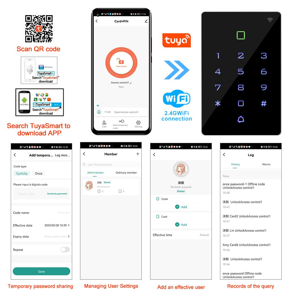 Système de contrôle d'accès Wi-Fi graffiti pour 2000 utilisateurs, clavier RFID tactile entièrement étanche, alimentation DC 12 V/3 A, bouton de sortie, 10 étiquettes de clé 125 kHz (sans verrouillage