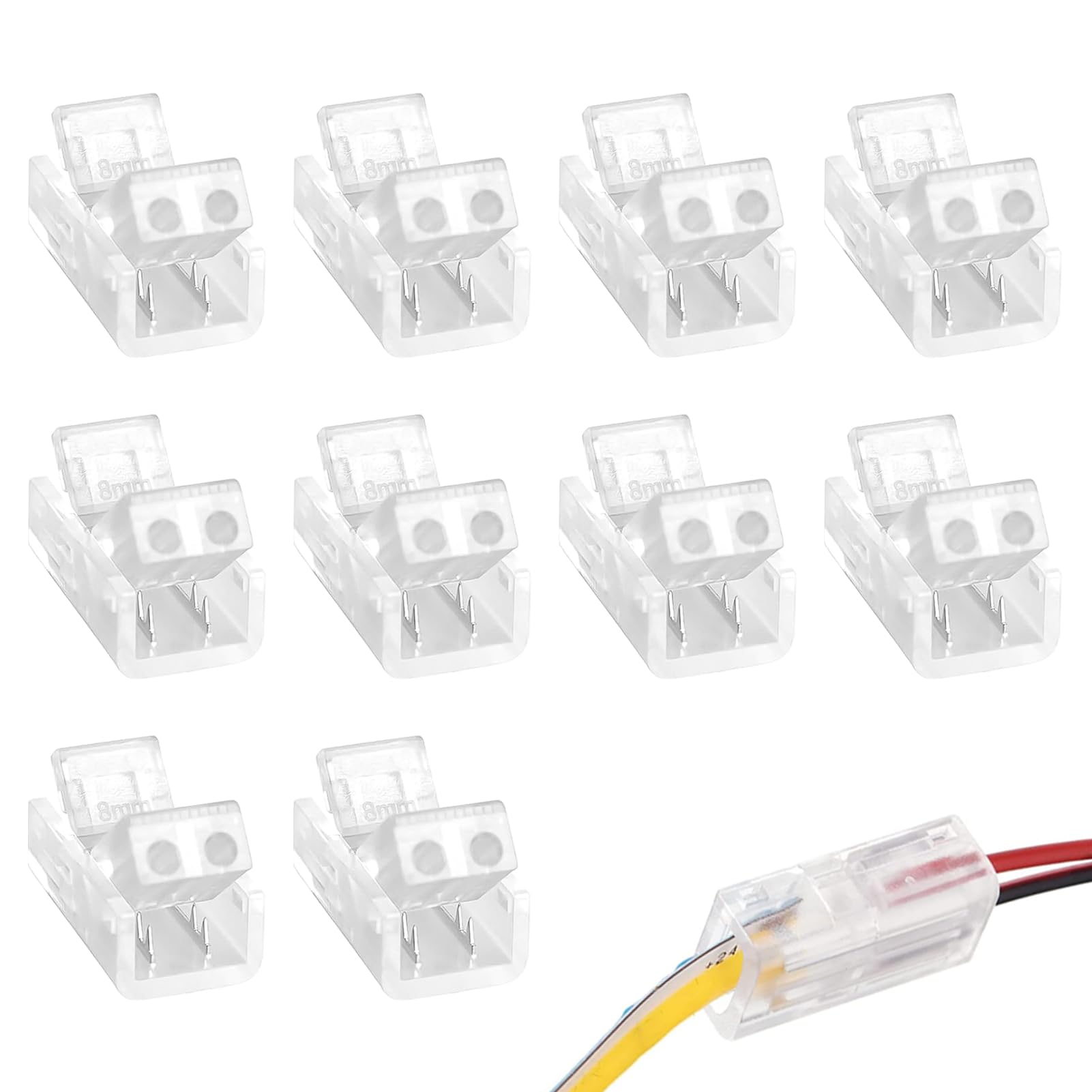 10 Pcs 2 Pin 8mm Solderless LED Strip Connectors, LED Light Strip Joint Connector Tape Clip COB Gapless Adapters for Waterproof and Non Strips, Quick Push Fit for DIY Home Office Lighting Outdoor