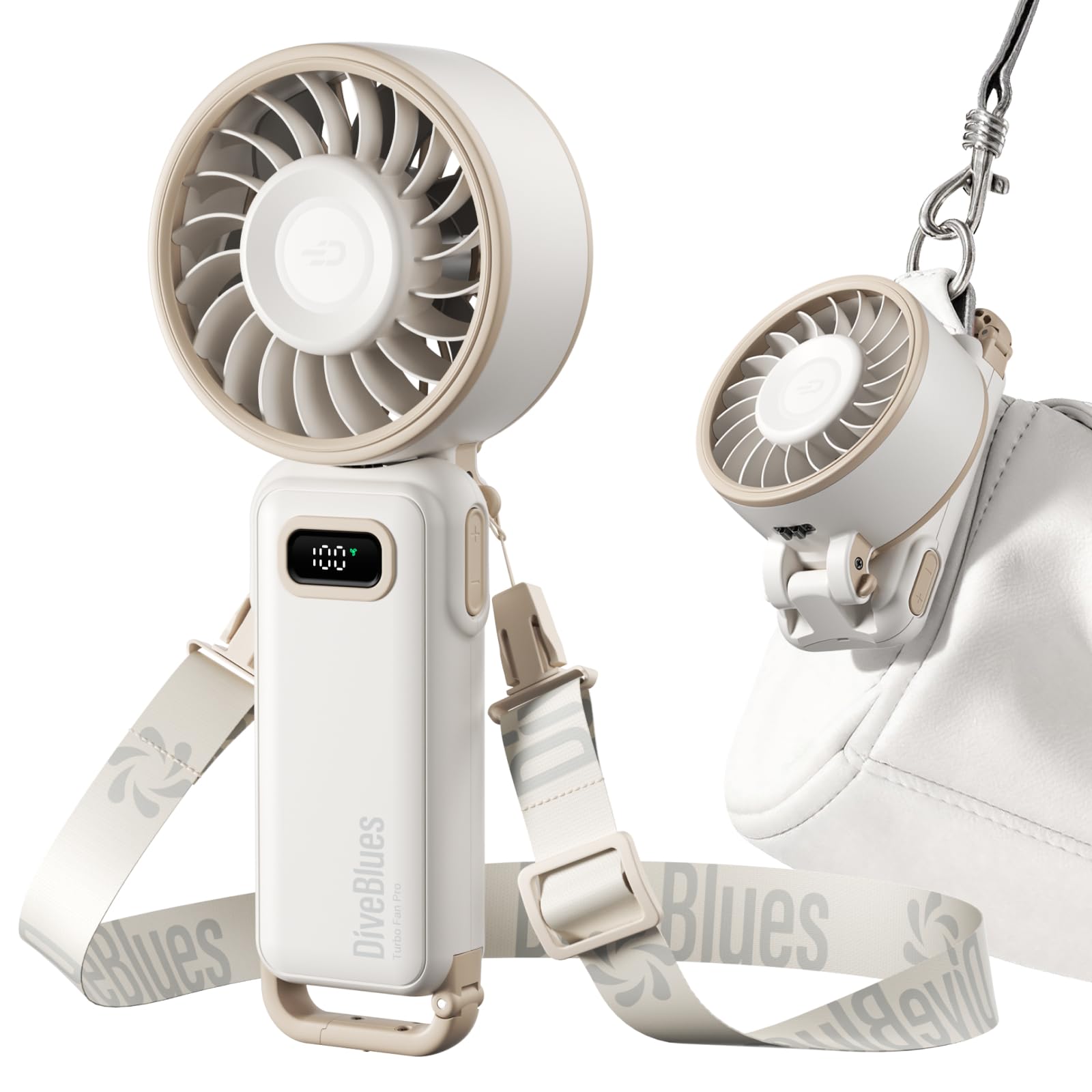 Diveblues Ventilatore Portatile Pieghevole con Batteria - 100 Velocità Regolabili e fino a 12h di Autonomia - Potente ma Piccolo per Mano, Scrivania e Collo - Ideale per Viaggi, Spiaggia e Campeggio