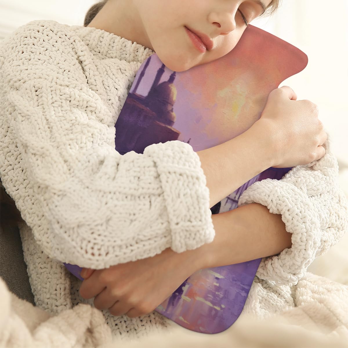 Hot Water Bottle with Soft Cover,2L Oil Painting City Hot Water Bag for Hot and Cold Compress, Hand Feet Warmer, Sunset City Rubber Hot or Cold Water Bottle Halloween Christmas Decorations