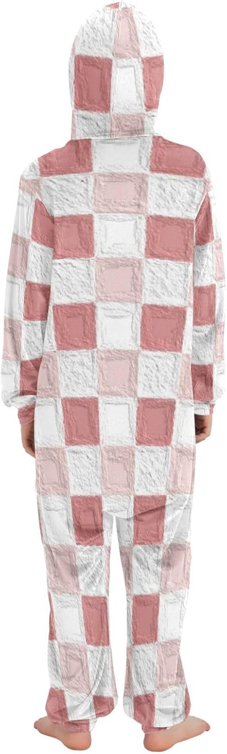 Pink Checkered PatternPajamasZipper Hooded One-Piecing Costume Sleepwearfor Christmas Home