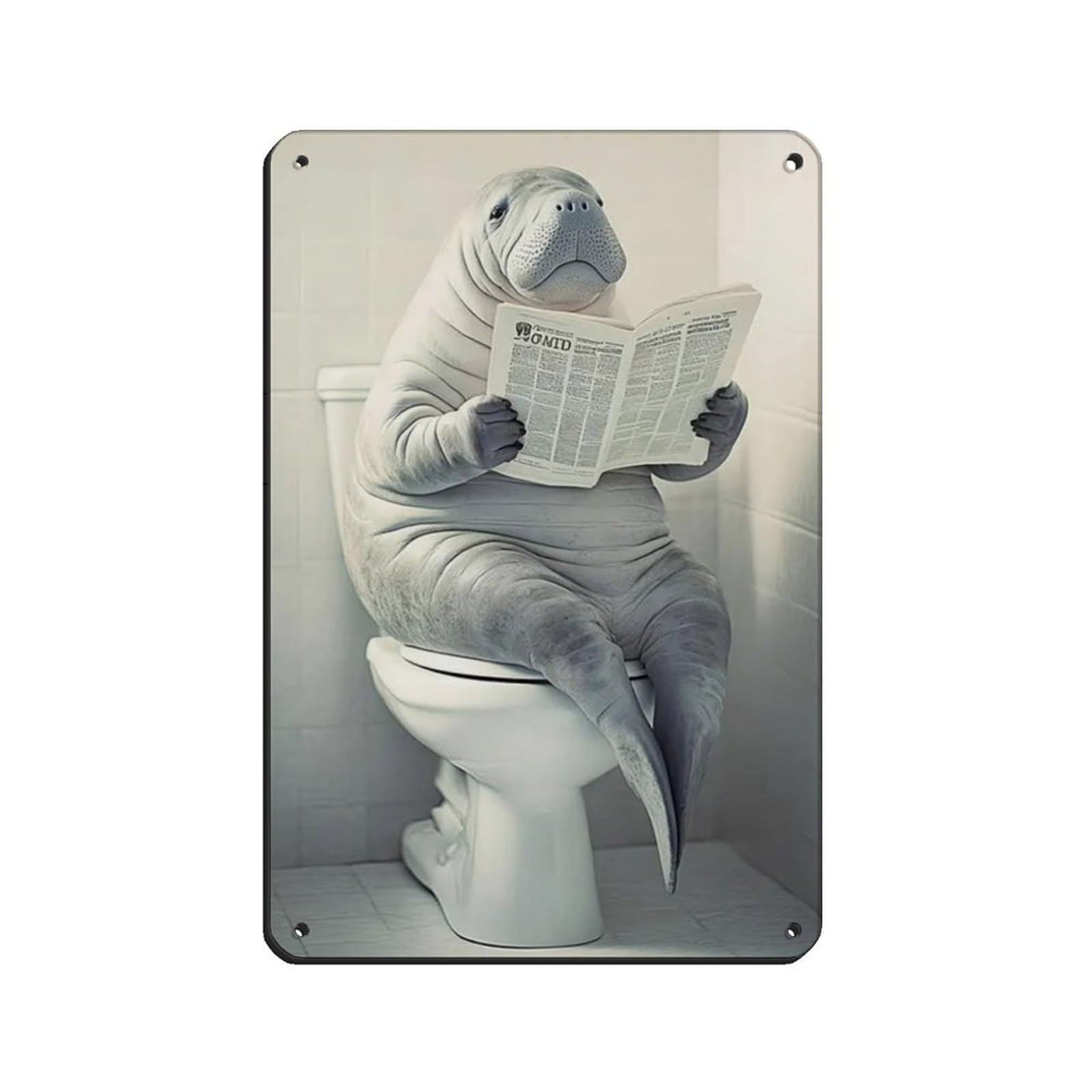 Manatee Sitting on Toilet Reading Newspaper Retro Poster Metal Tin Sign Chic Art Retro Iron Painting Bar People Cave Cafe Family Garage Poster Wall Decoration 8x12inch(20x30cm)
