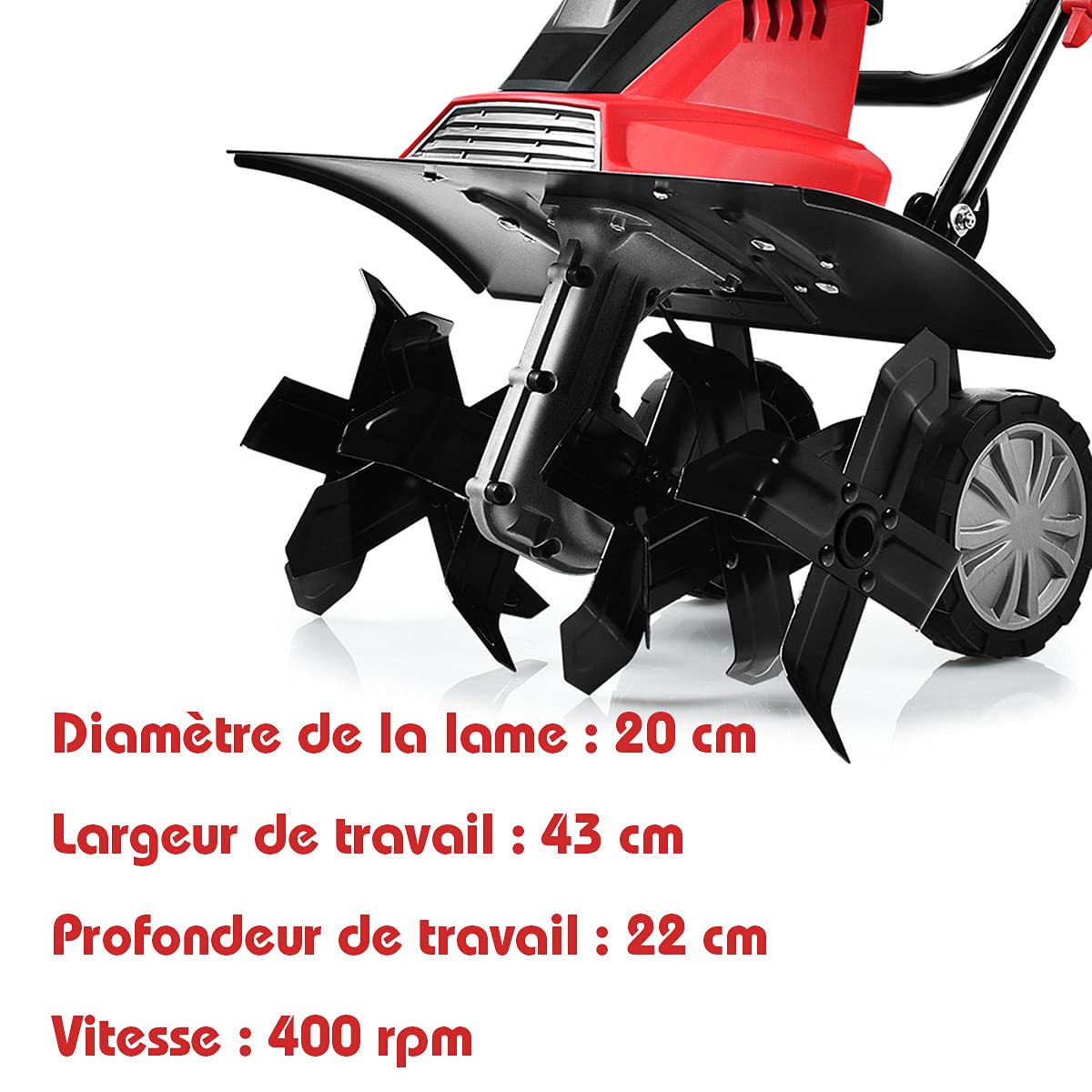 RELAX4LIFE Motobineuse Électrique 1500 W à 400 RPM, Motobineuse avec Profondeur Travail 22 CM, Largeur 43 CM et 6 Lames, Poignée Pliable et Bouton de Sécurité pour Jardin (1500W)