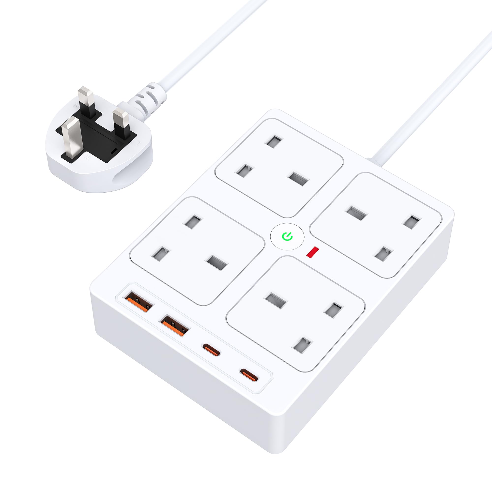 Extension Lead with 4 USB Slots, Power Strips with 4 Way, Plug Extension Sockets（2 Type C and 2 USB-A Port), Extension Cable 1.5M, 900J Surge Protector for Home, Office, Hotel
