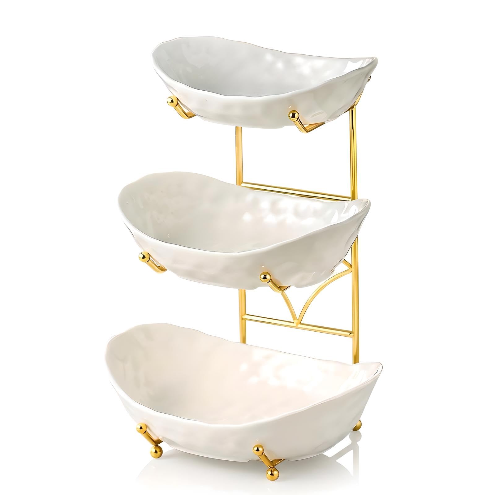 Obstschale mit 2 Ebenen/3 Etagen und Metallständer, Keramik-Obstschale für Zuhause, Party, Küche, Theke, gestufter Obstkorb für Snacks, Süßigkeiten, Brot, Aufbewahrung (Weiß C, 3 Etagen)