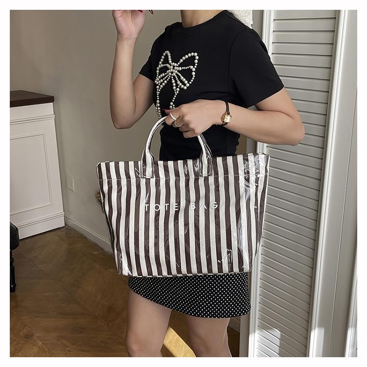 Image of Lushandy Striped PVC Tote Bag for Women, Large Plastic Tote Bag for Beach Pool Plaid Letters Print Hobo Handbag | Waterproof Material