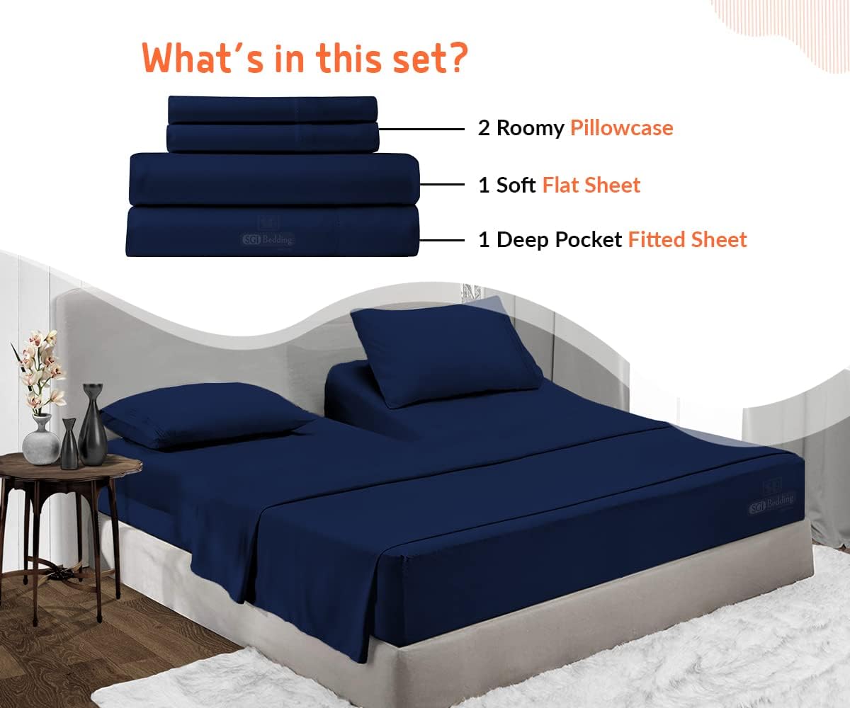 SGI Top Split Flex Sheet Set for Adjustable Bed 32" Split Head King 600 Thread Count Soft & Smooth Egyptian Cotton 4 Piece Set fits up to 18 Inch Deep Pocket Navy Blue Solid