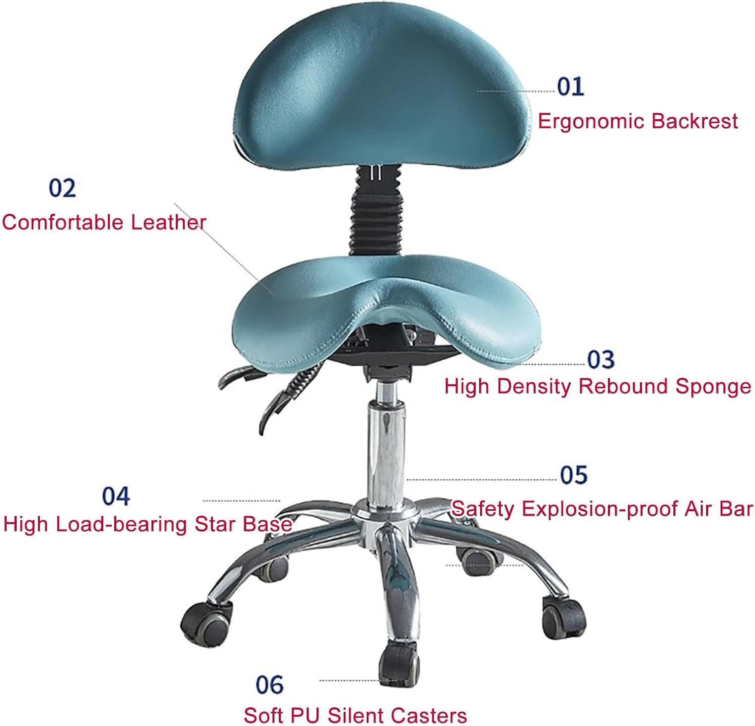Ergonomiczny stołek podsiodłowy z podparciem pleców i kółkami, hydrauliczny, regulowany, obrotowy, do salonów i higienistek stomatologicznych