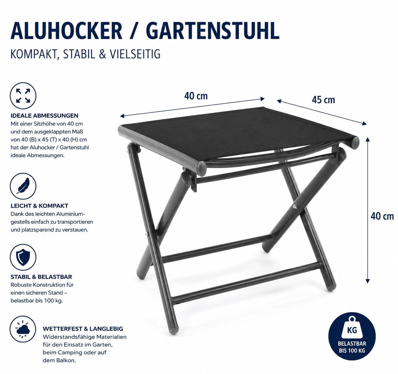 Nexos Trading Klapphocker aus Aluminium mit Textilene - Campinghocker Sitzhocker klappbar - Sitzhöhe 40 cm - Schwarz Dunkelgrau - für Garten Balkon Terrasse