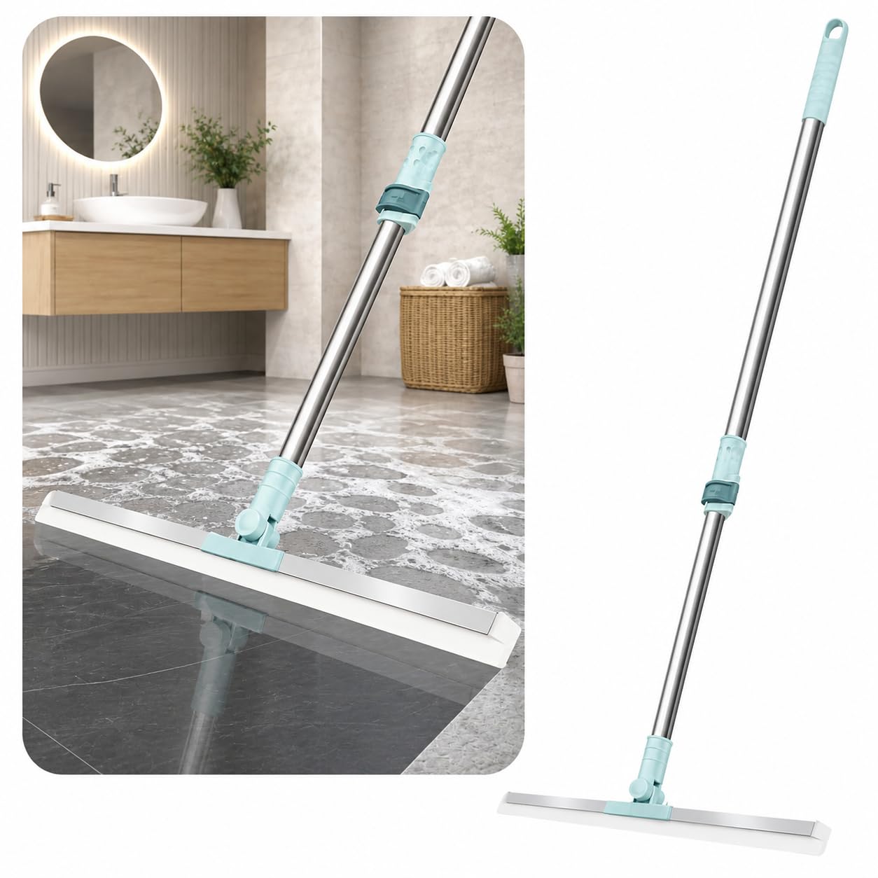 Floor Wiper with Silicone Blade | Magic Broom Water Squeegee for Bathroom, Tiles, Marble, Glass & Balcony | 180° Swivel Head Adjustable Long Handle Multipurpose Cleaning Wiper [ 1-pcs ]-image-7