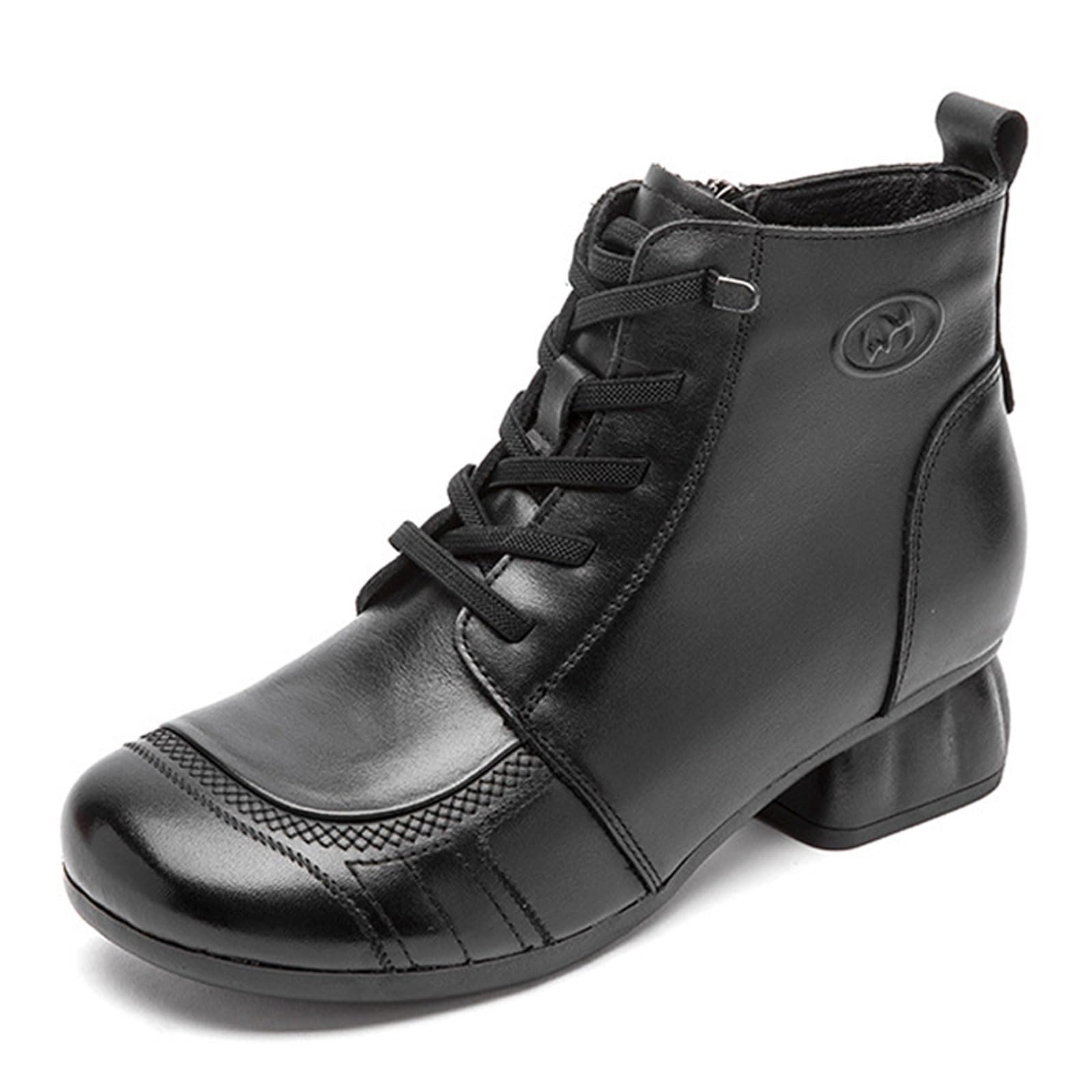 Casual Ankle Boots For Womens Retro Leather Chunky Heel Work Walking Booties Winter Warm Lining Plush Mid Block