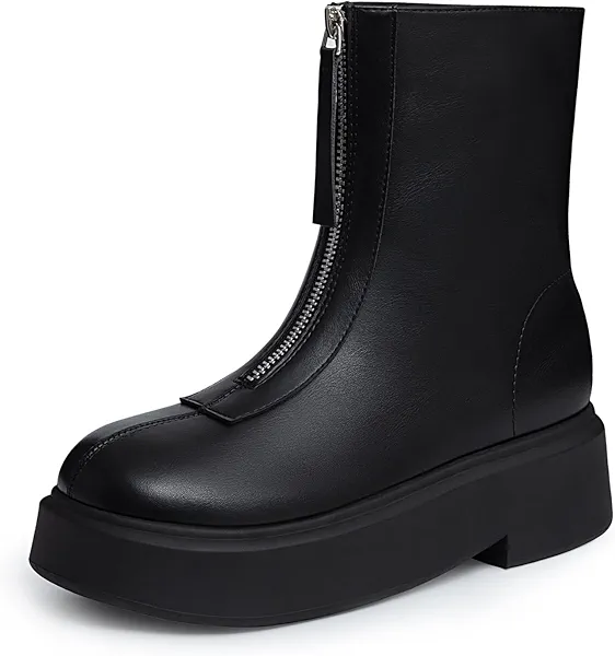 Athlefit Women's Platform Ankle Boots Short Comfortable Round Toe Chunky Low Heel Boots with Front Zipper