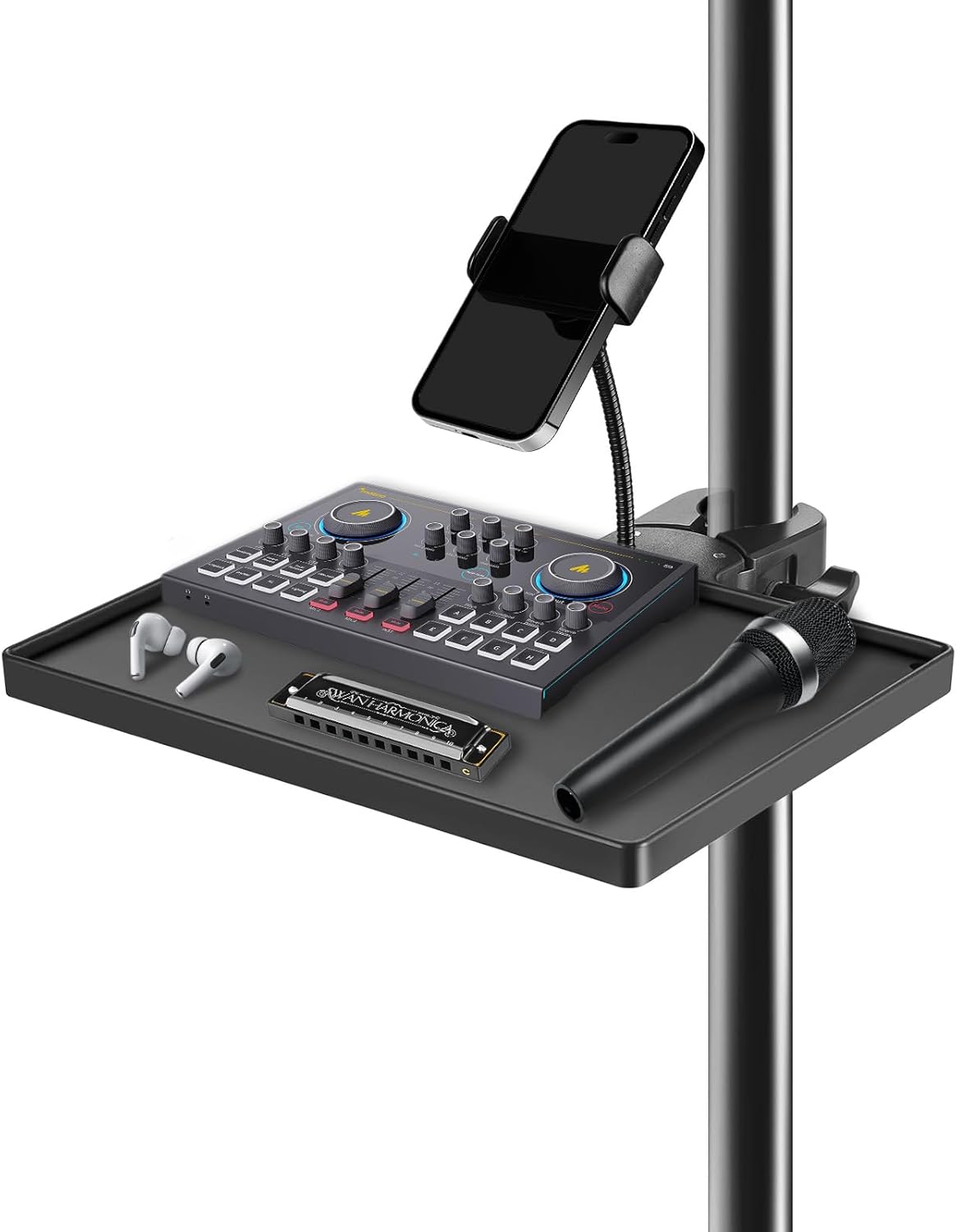 BILIONE Mic Stand Tray with Gooseneck Phone Holder, 10.6″ X 7.8″ Microphone Stand Tray Crab Clamp On Music Stand Floor Shelf Pole Mount, Karaoke Accessories