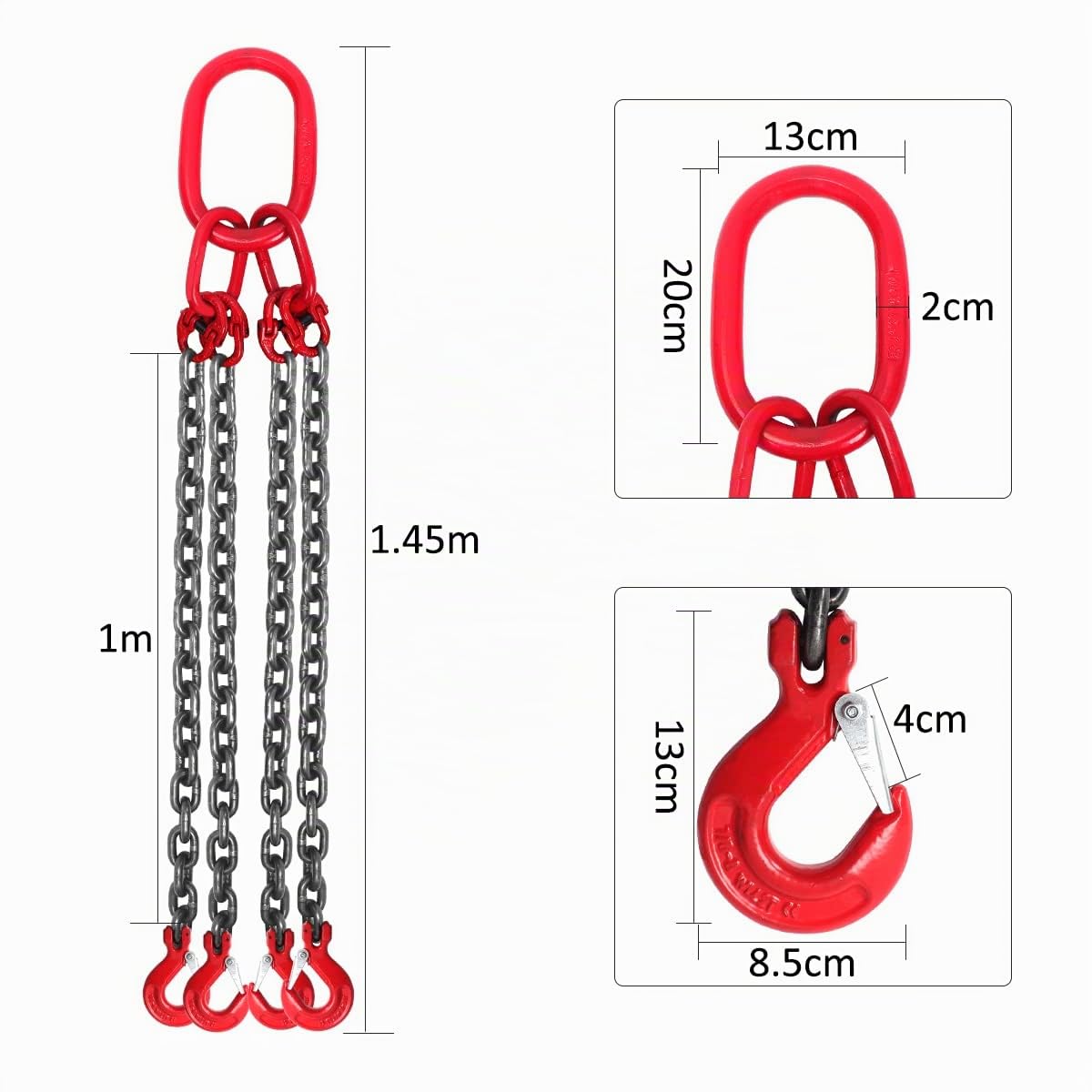Eslinga de Cadena G80 Acero al Manganeso 4 Cuerdas 6,4T 8mm x 1,45m