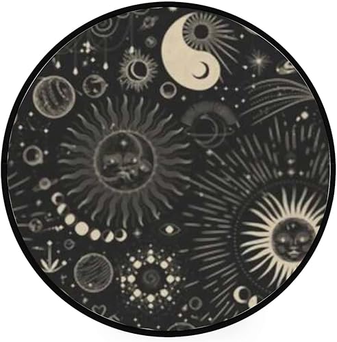 Kuizee Alfombra redonda de estilo vintage con grabado de fases lunares, sala de estar, dormitorio, baño, cocina, decoración del hogar, terciopelo