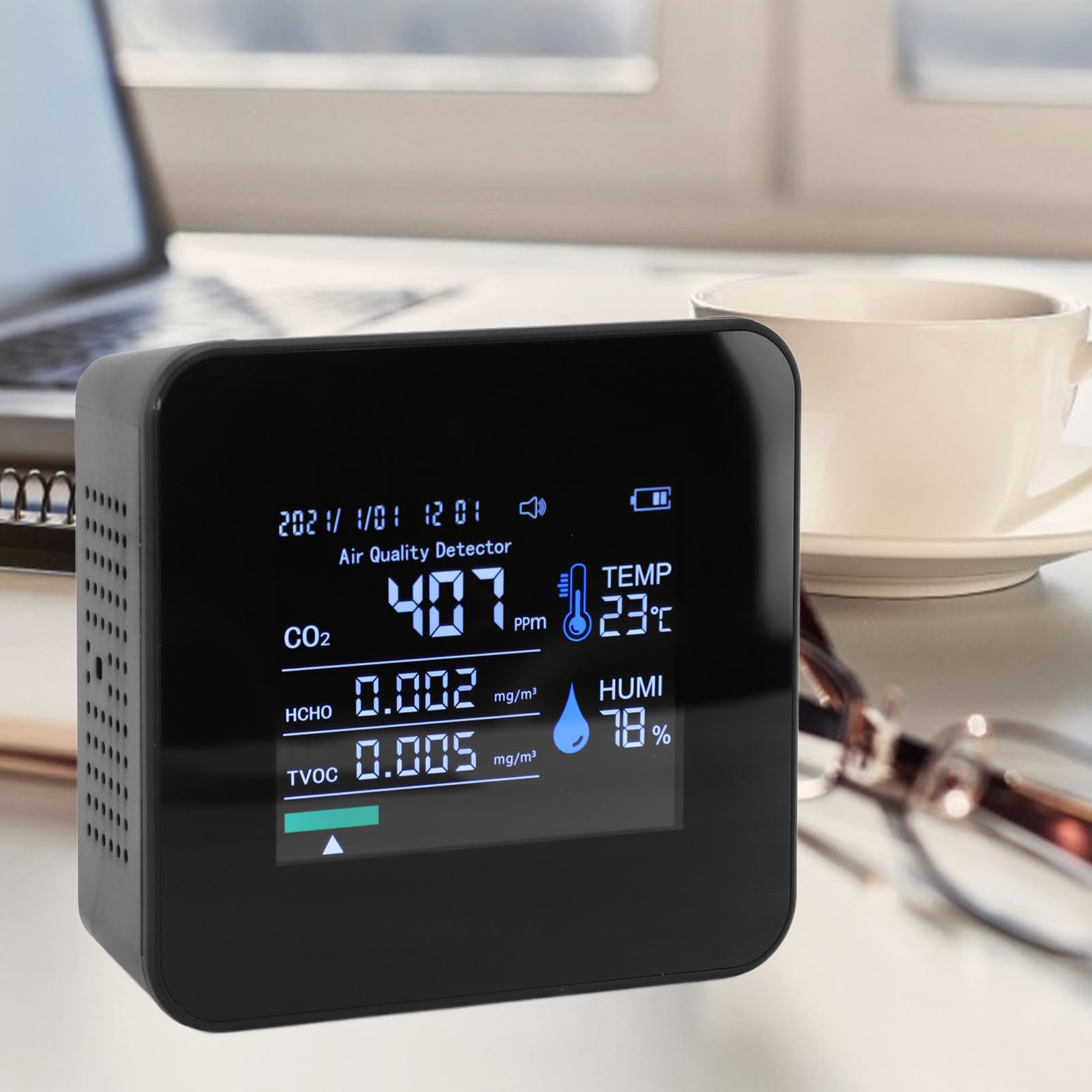 Probador de calidad del aire HaloVerde con sensor NDIR de alta precisión para CO2 / PM2.5 / TVOC/HCHO, monitor de calidad del aire interior 9 en 1 con almacenamiento de datos de