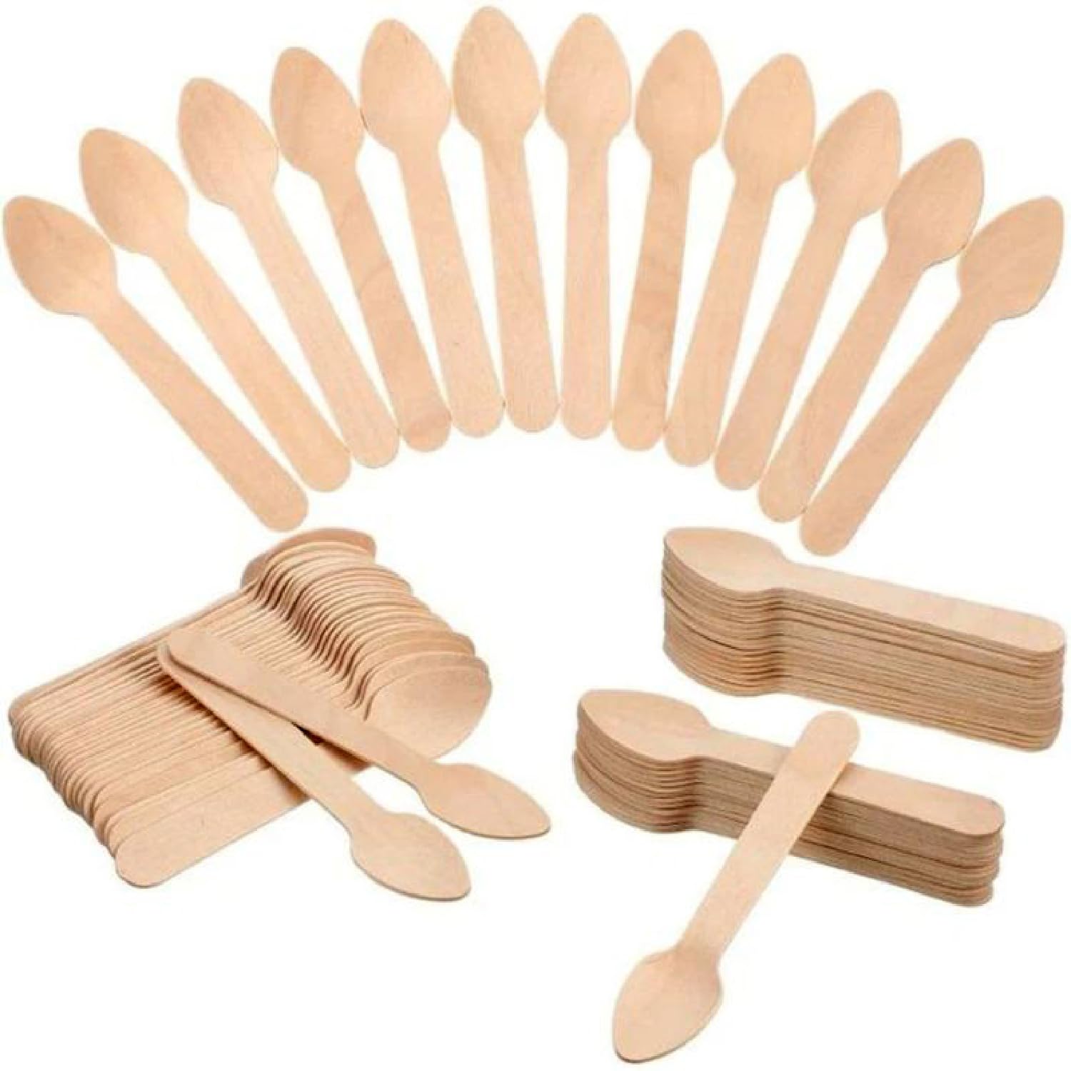 100 Pack Mini Wooden Spoons Round Spoons Style Disposable Ecofriendly Biodegradable Compostable Set For Parties, Events And Weddings 4.5 Inch, Beige, Hcr4751