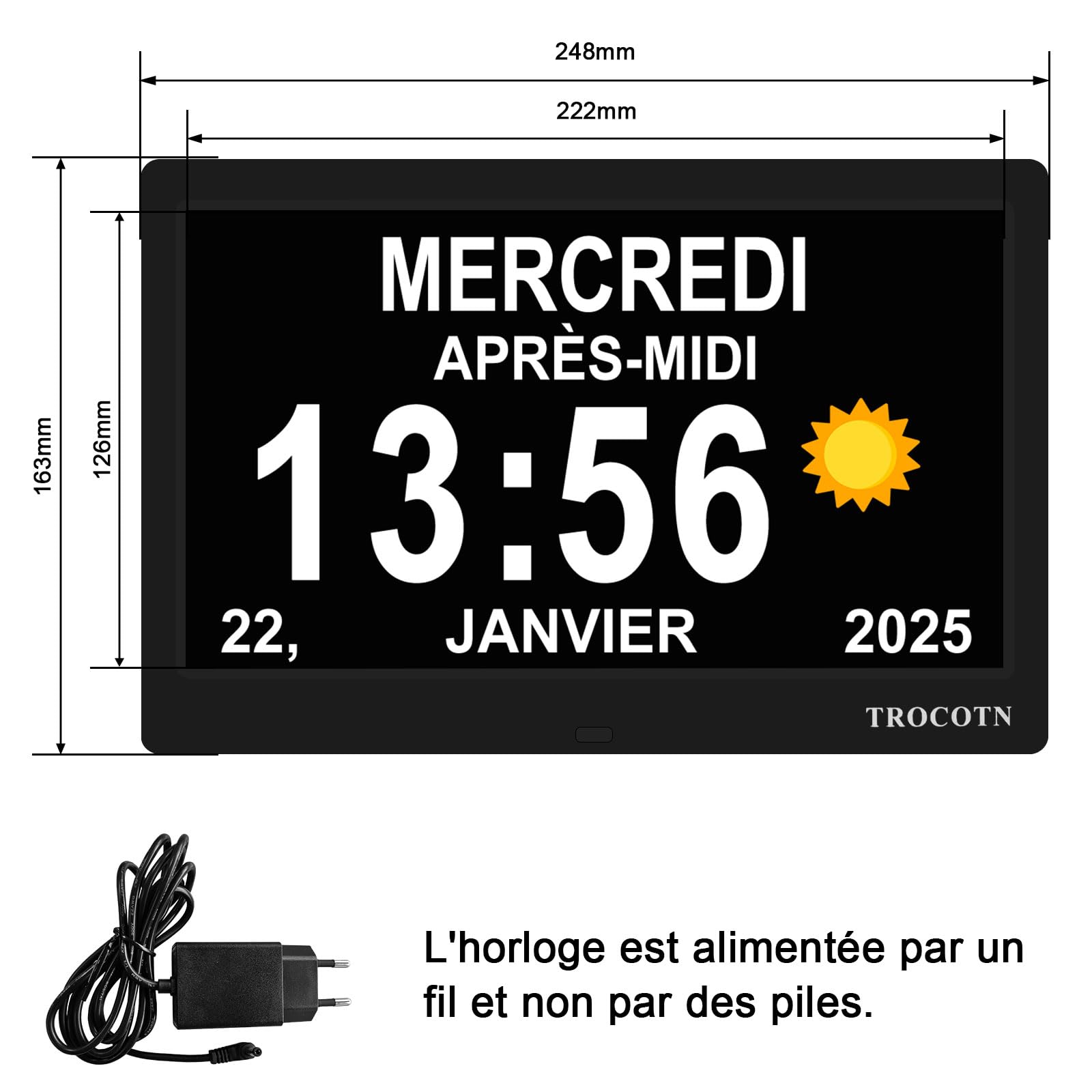 TROCOTN Horloge numérique Horloge de Jour Grand écran réveil Murale (Noir, 10 Pouces)