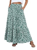 PrinStory Lange Rock Damen Sommer Mit Tasche A Linie Maxirock Luftig Maxi Skirt Boho Rocke Freizeitrock Strandkleider (Grün Weiß Blume, XXL) – Ansicht 1