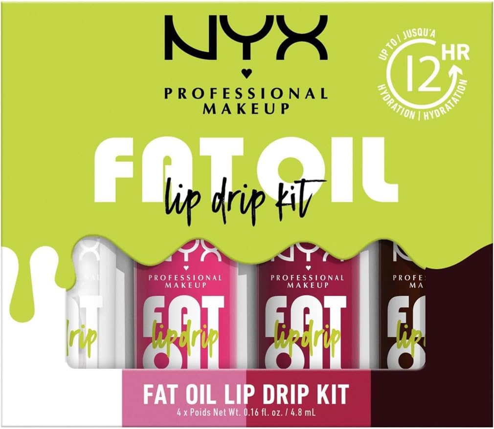 NYX Professional Makeup, Coffret de 4 Huiles à Lèvres Teintées Hydratantes, Formule Vegan, Applicateur Extra-Large, Teintes : My Main (O1) + Missed Call (02) + Newsfeed (05) + Status Update (08)