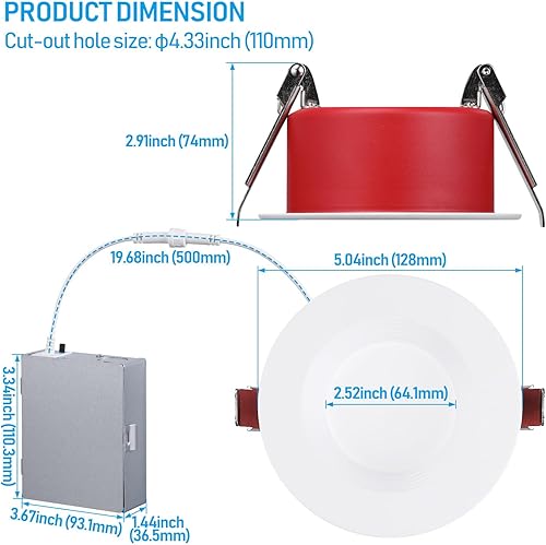 Miniatura 6 de TORCHSTAR Luces empotrables LED de 4 pulgadas 5CCT con clasificación de fuego, iluminación empotrada con caja J, 12 W, 850 lm, CRI90, luz