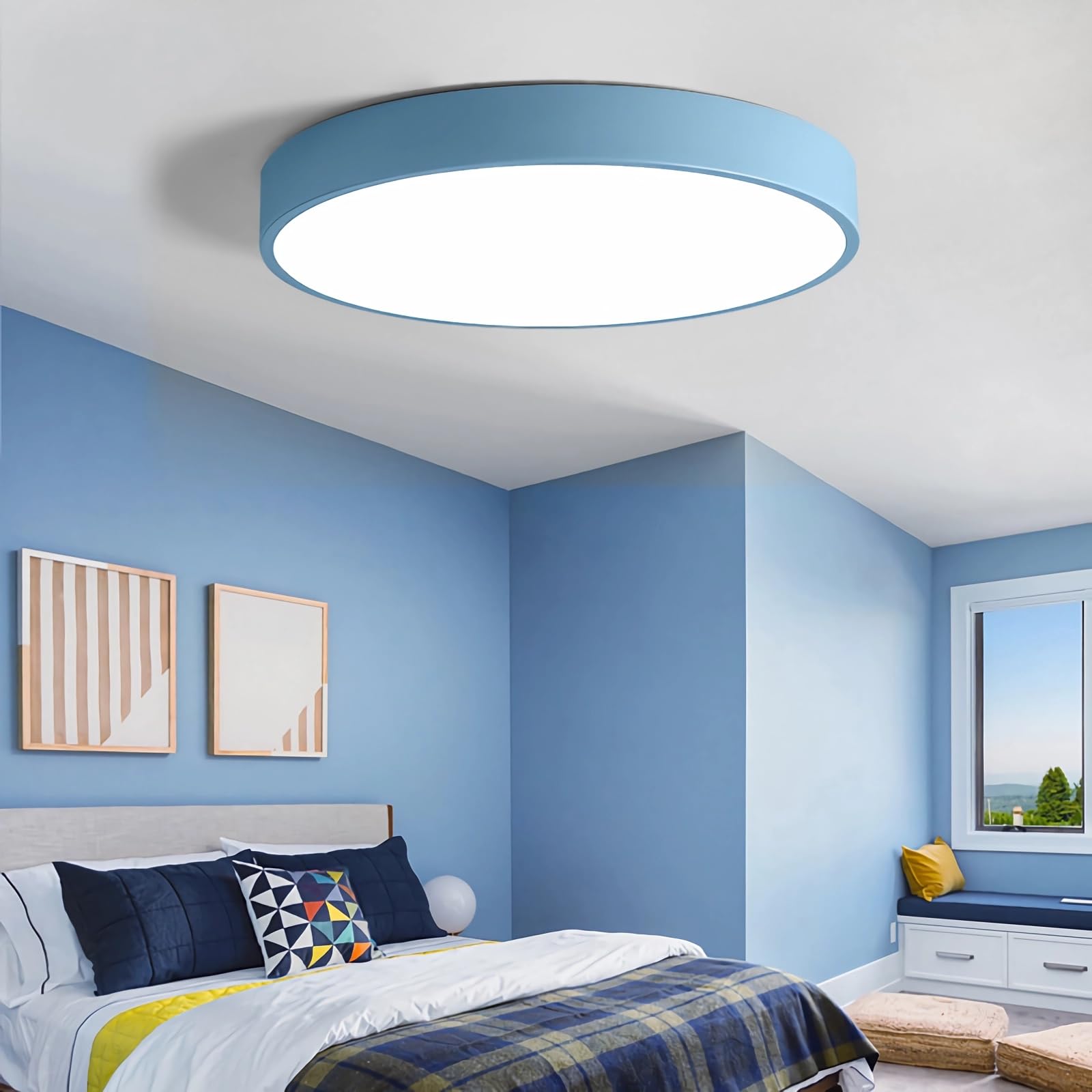 WDBZTJ LED Flush Mount Ceiling Light with Remote Control, Dimmable Round Ceiling Lamp with Acrylic Lampshade, Modern Ceiling Light for Living Room, Hallway, Bathroom, Bedroom,Blue,50cm