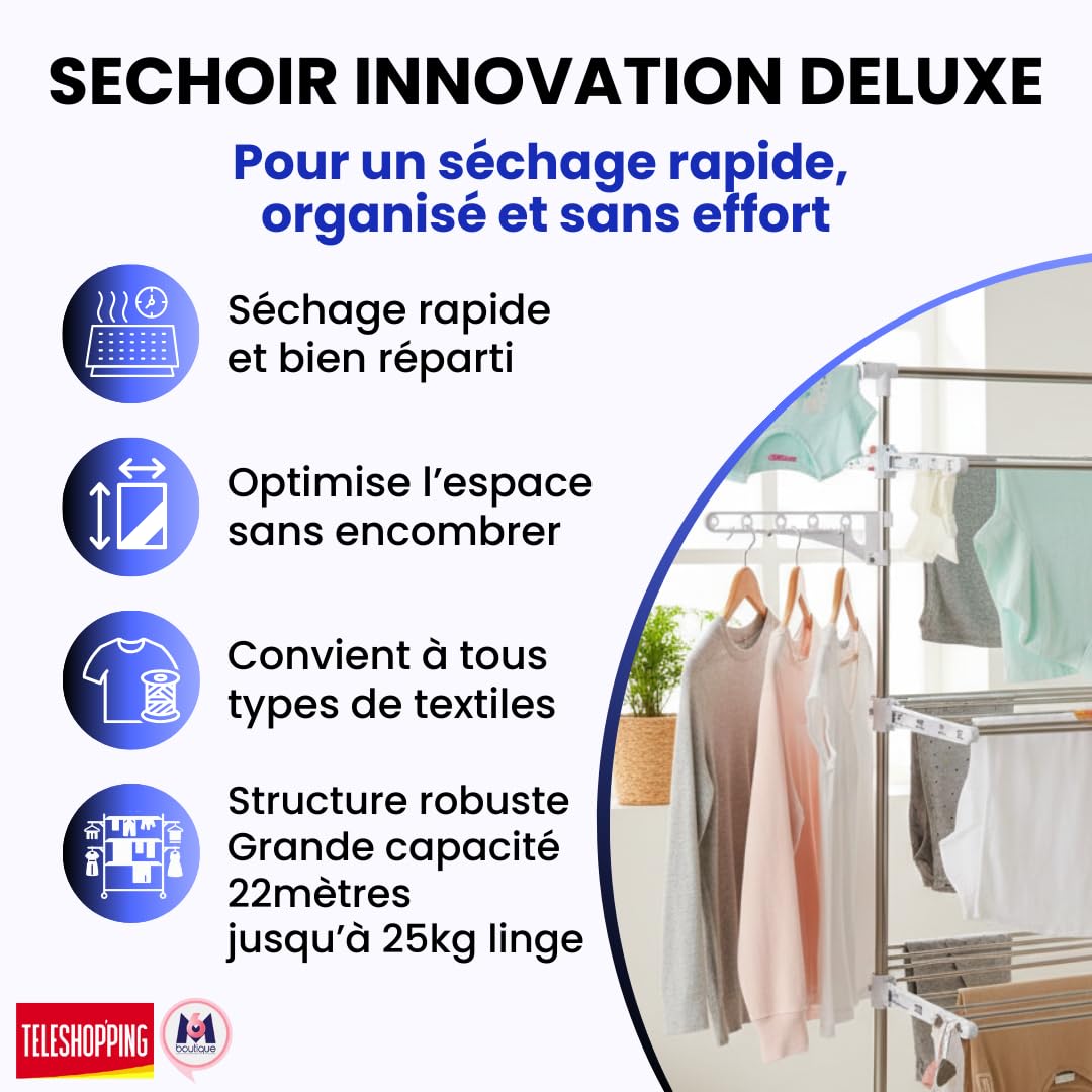 Téléshopping - Sechoir Linge Innovation Deluxe 22m | 6 Plateaux Réglables + 1 Barre Extensible | Etendoir Linge Capacité 25kg | 36 Crochets + 2 Porte-Cintres | Roulettes & Structure Acier Pliable